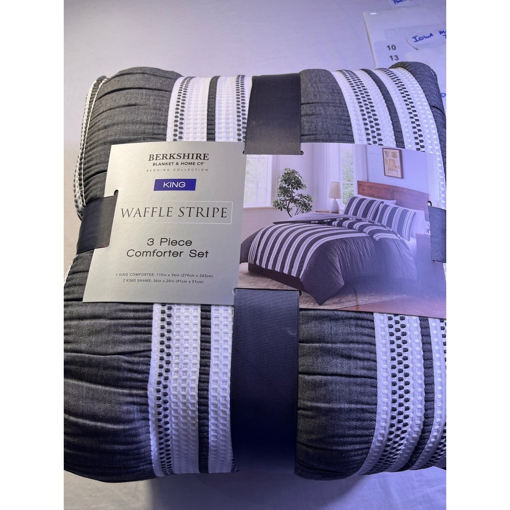 Berkshire Waffle Stripe Comforter Set King Grey NEW Textured 3 Piece Bedding